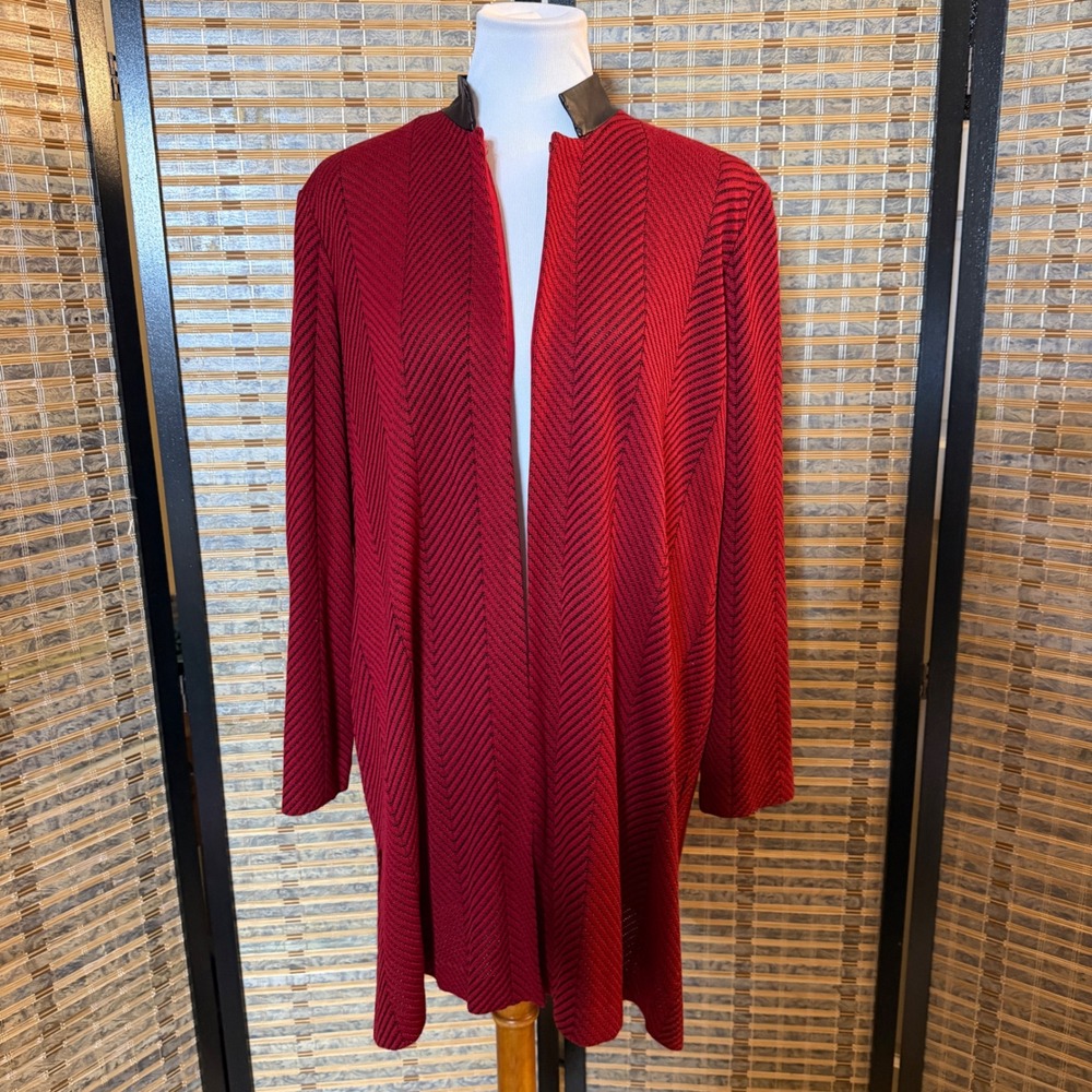 Ming Wang Open Front Jacket Women XL Red Chevron Knit Faux Leather Trim Cardigan